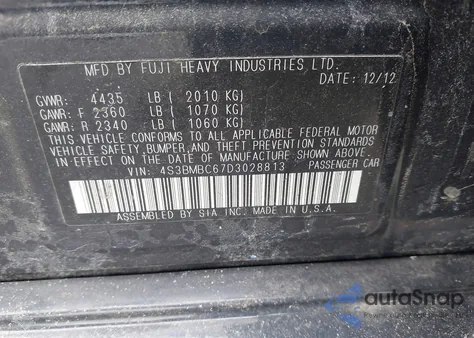 2013 Subaru Legacy 2.5I Premium from USA, damaged, VIN 4S3BMBC67D3028813